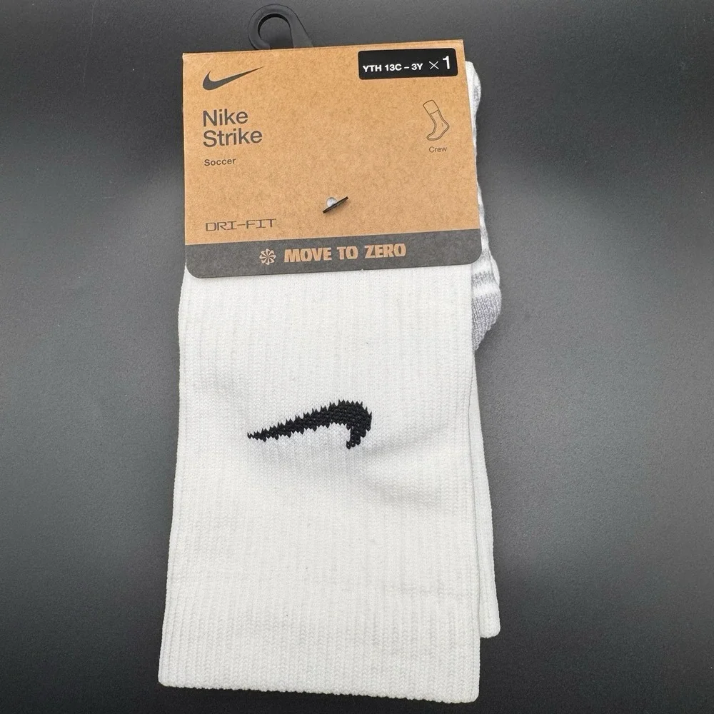 Nike Strike Kids White Grey Crew Polyester Dri-Fit Cushion Soccer Socks Sz XS